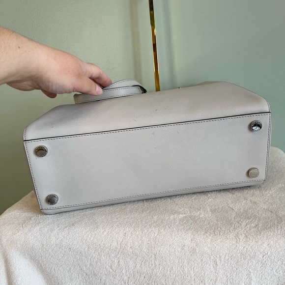 MICHAEL KORS MK Womens Shoulder Tote Bag Chain Strap Pebbled Leather Taupe - Picture 9 of 13